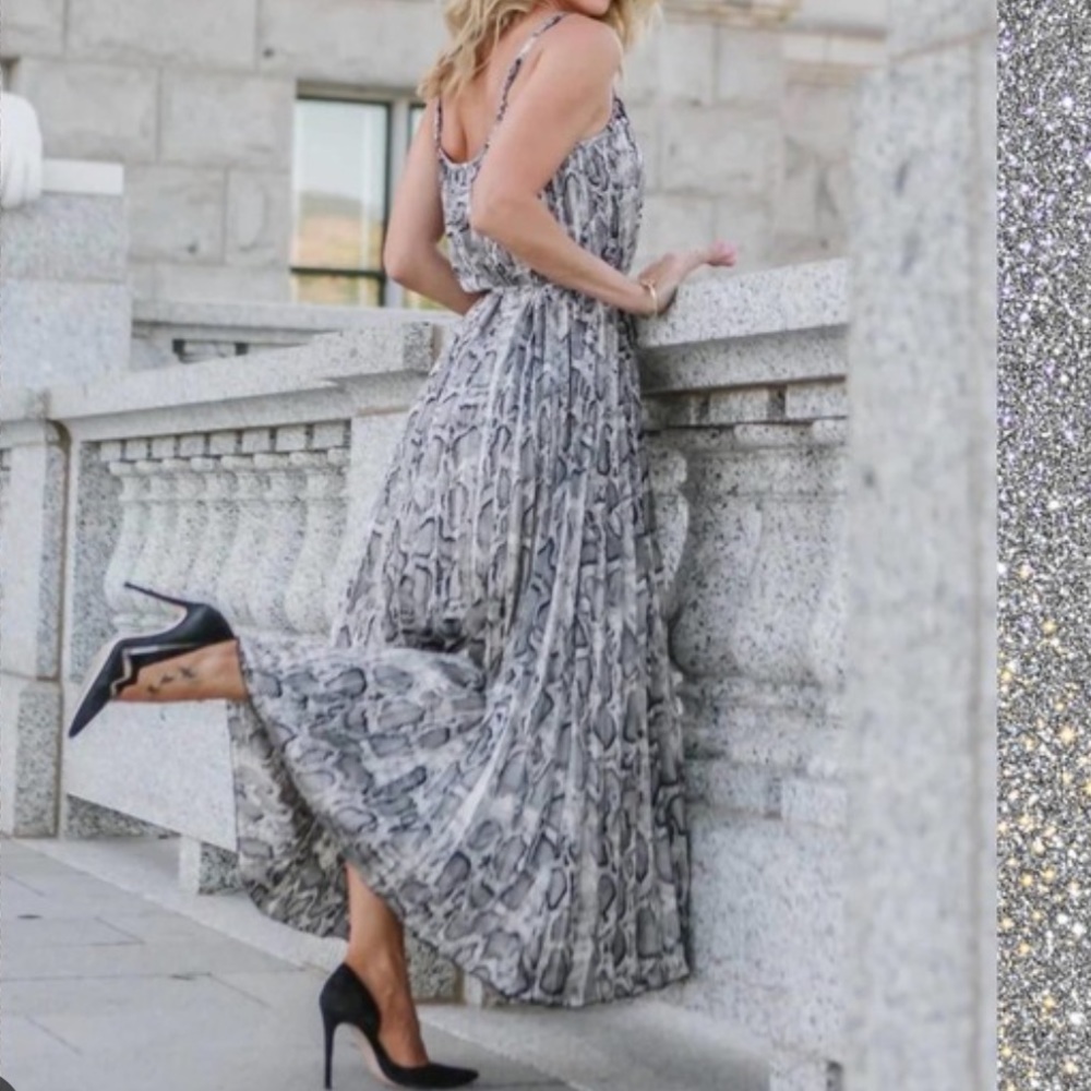 Bishop and Young Snakeskin Midi Maxi Spaghetti Strap Dress, black, white & gray